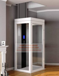 A modern residential elevator with a sleek design and control panel, installed on wooden floor.