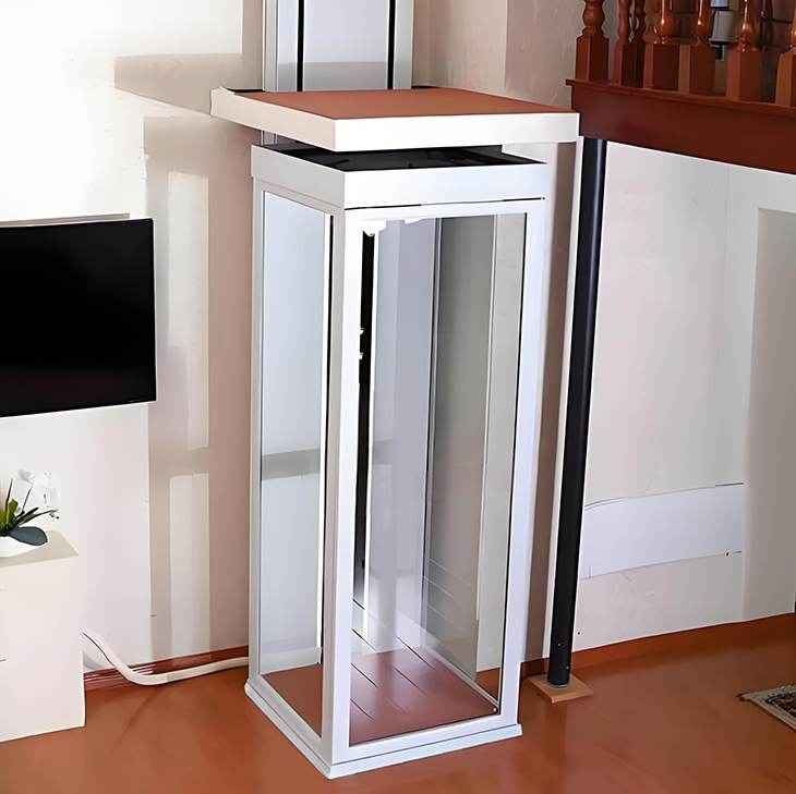 a white home elevator lift installed inside a modern room with wooden floor.