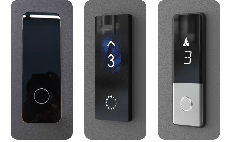 Three different elevator control panels with varying designs and displays.