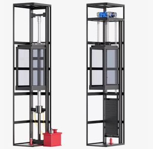 Home lift elevator designing with a transparent cabin and a metal frame structure.