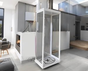 a white attic lift installed in a modern style house.
