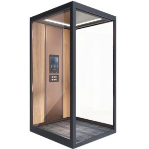 A modern residential home lift with glass walls and a wooden interior panel with control buttons.
