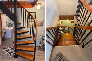 A wooden spiral staircase installed in a 2 floor US townhouse