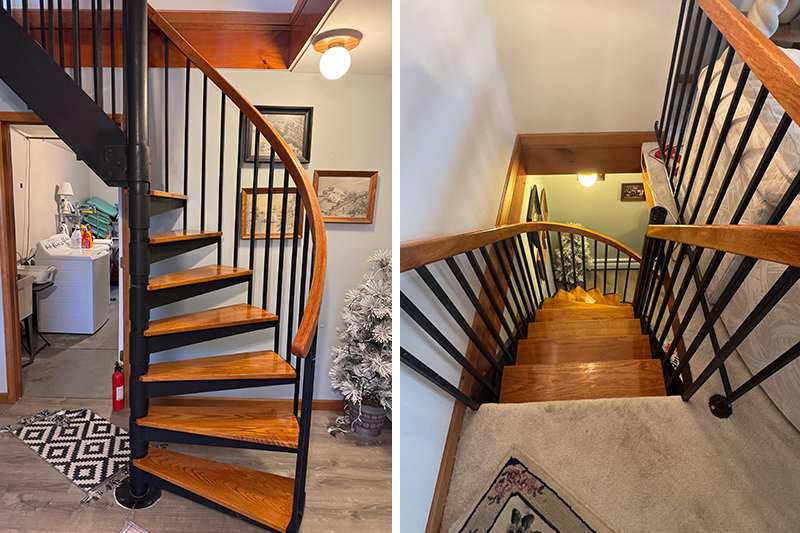 A wooden spiral staircase installed in a 2 floor US townhouse