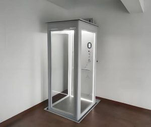 A shaftless home elevator installed in a 2 floor US townhouse.