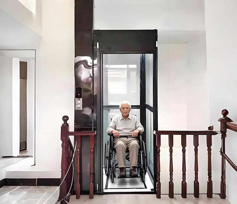 A black shaftless home elevator installed in a modern house