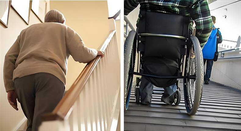 a senior and a wheelchair moves along with a staircase 