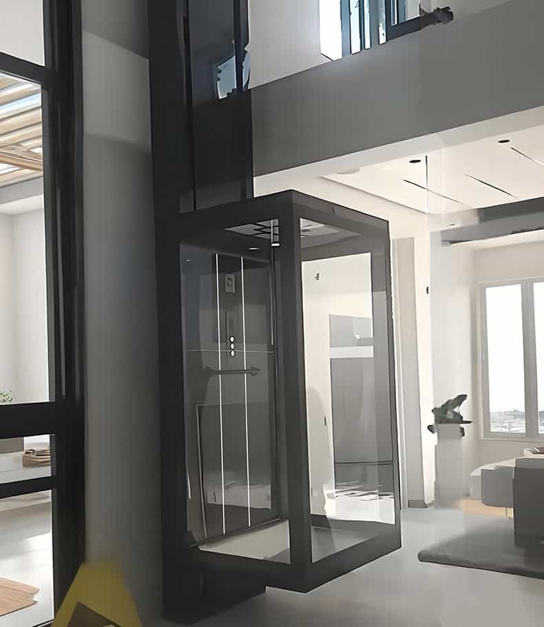 A black small home elevator installed inside a modern house.